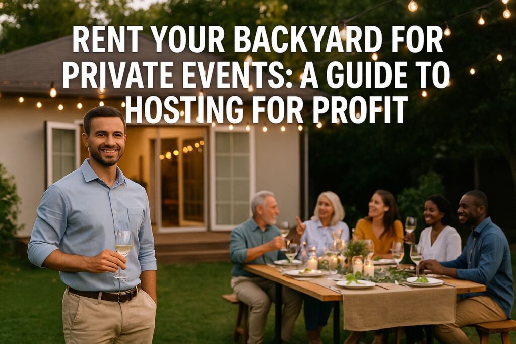 A beautifully landscaped backyard set up for a wedding reception with string lights, banquet tables, and floral centerpieces, with the article title overlay.
