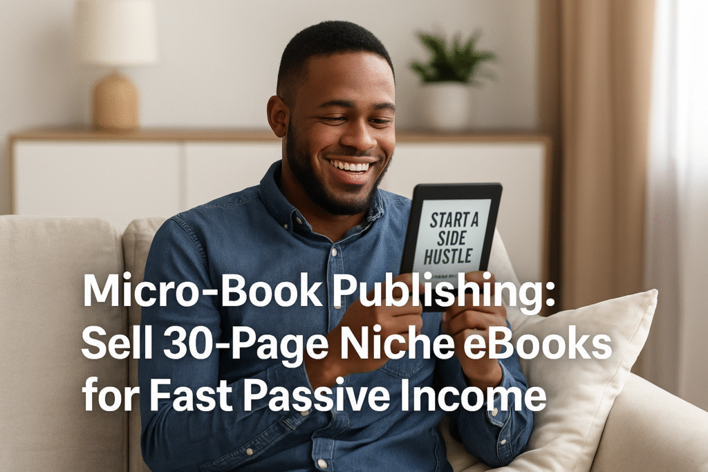 A young African American man smiling while holding a Kindle e-reader, symbolizing success in micro-book publishing.