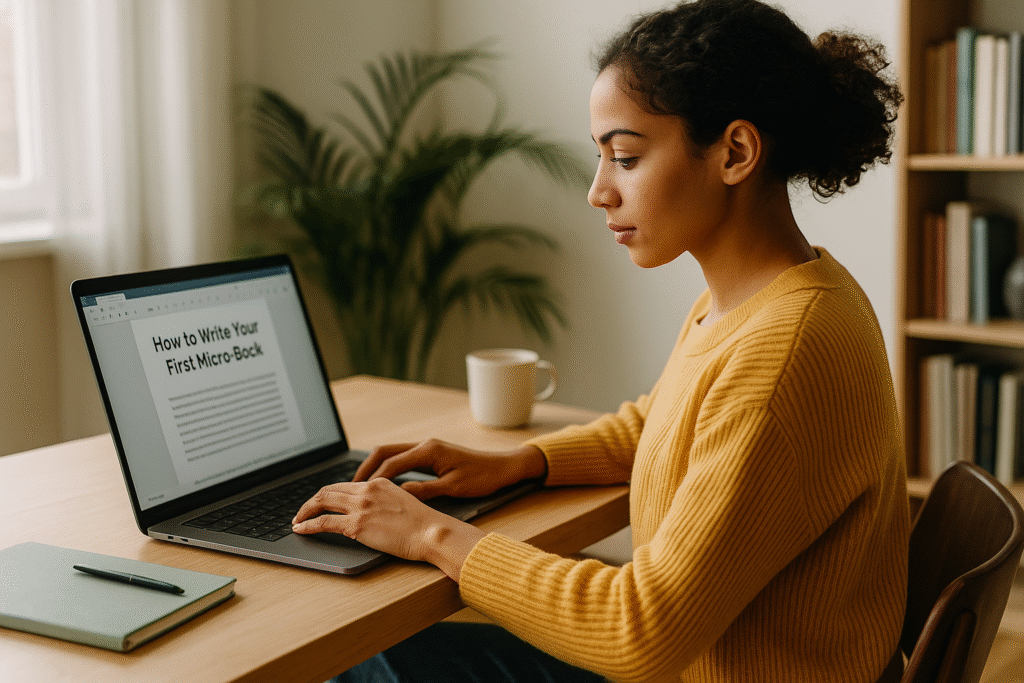 A young African American woman smiling while looking at her laptop screen, celebrating the launch of her published micro-book.