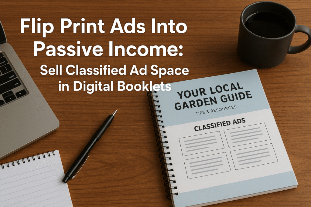A digital entrepreneur working on a PDF booklet layout at a desk, with overlaid title text promoting classified ad income