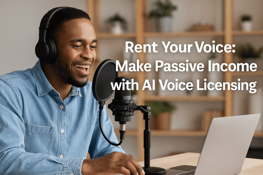 A young African American man in a home studio records his voice using a microphone and headphones, preparing to license it for AI voice applications.
