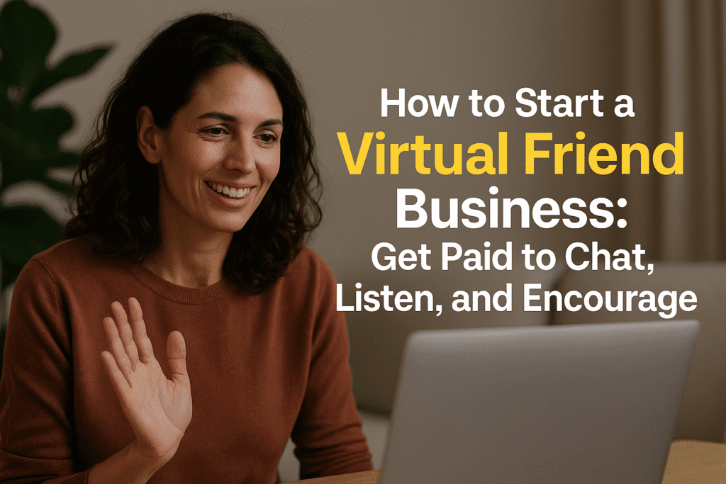 A Caucasian woman sits at a tidy desk smiling during a video chat, with overlaid text “How to Start a Virtual Friend Business: Get Paid to Chat, Listen, and Encourage”.