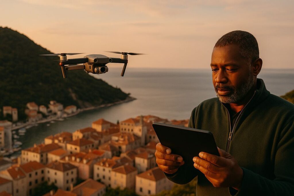 A drone flying above a coastal town at golden hour, piloted by a man using a tablet.