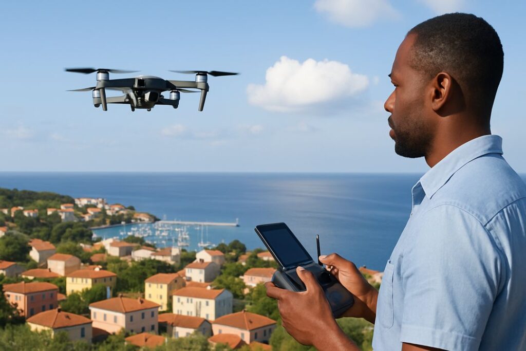 An African American man flying a drone over a coastal village with red-roofed houses and marina in the background.