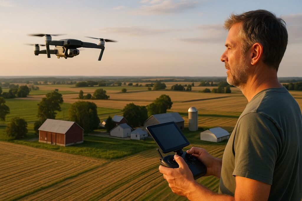 A middle-aged man piloting a drone over barns, silos, and farmland during golden sunrise light.