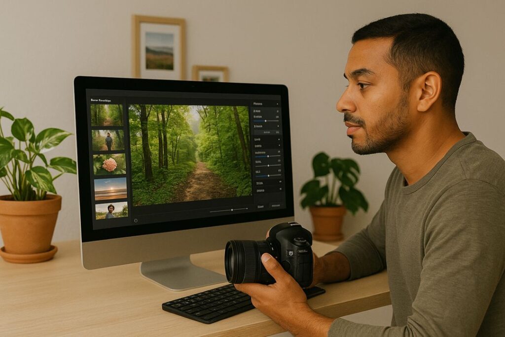 A man holding a DSLR camera while editing nature photos with AI tools on his desktop computer at home.
