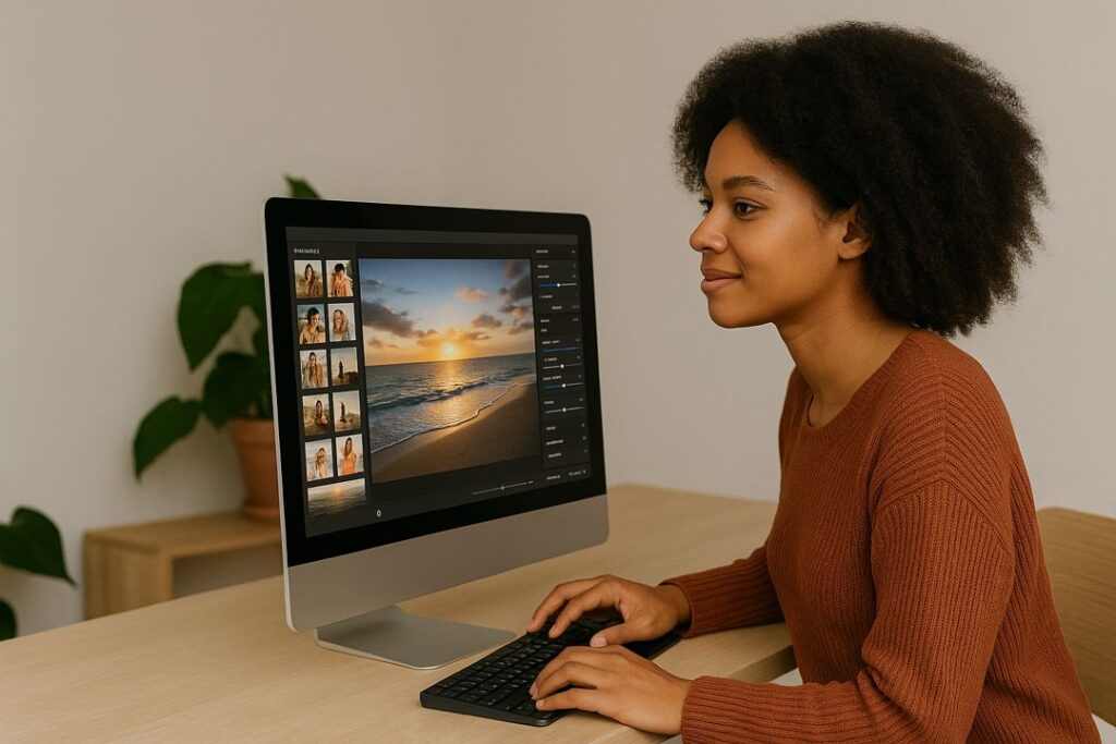 A young woman working at her computer editing AI-enhanced photos for stock photography at a bright home office desk.