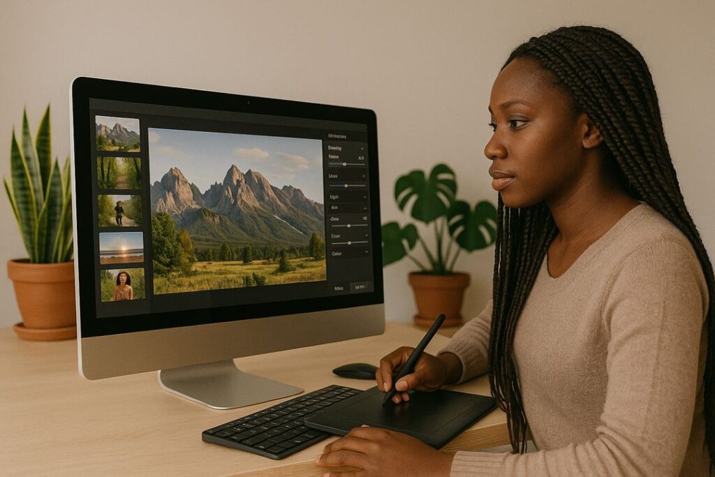 A young woman using a stylus to enhance mountain landscape photos on her computer screen at a modern desk.