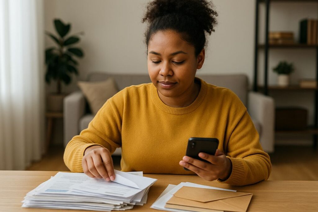 An African American woman at a tidy desk sorting paperwork while checking her phone, representing inbox and account cleanup.