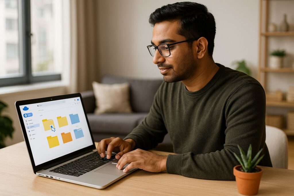 A South Asian man organizing folders on a laptop for cloud storage cleanup in a bright living room.