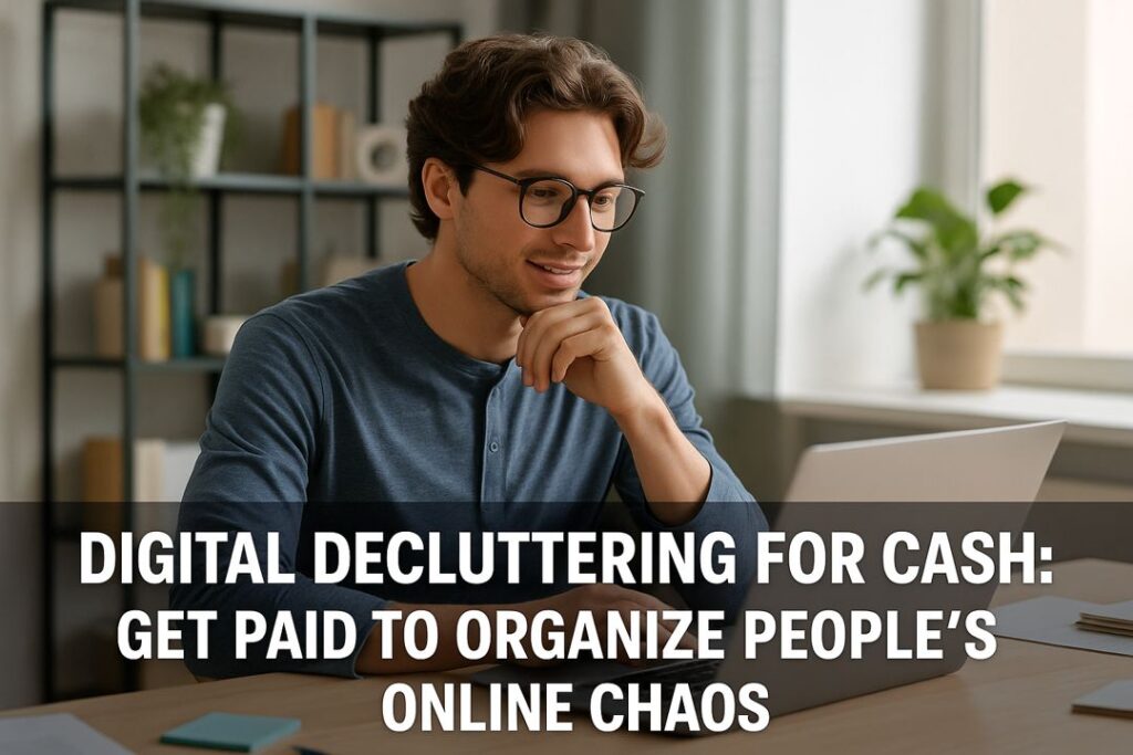 A young man with glasses working at a laptop in a modern home office, illustrating digital decluttering for cash.
