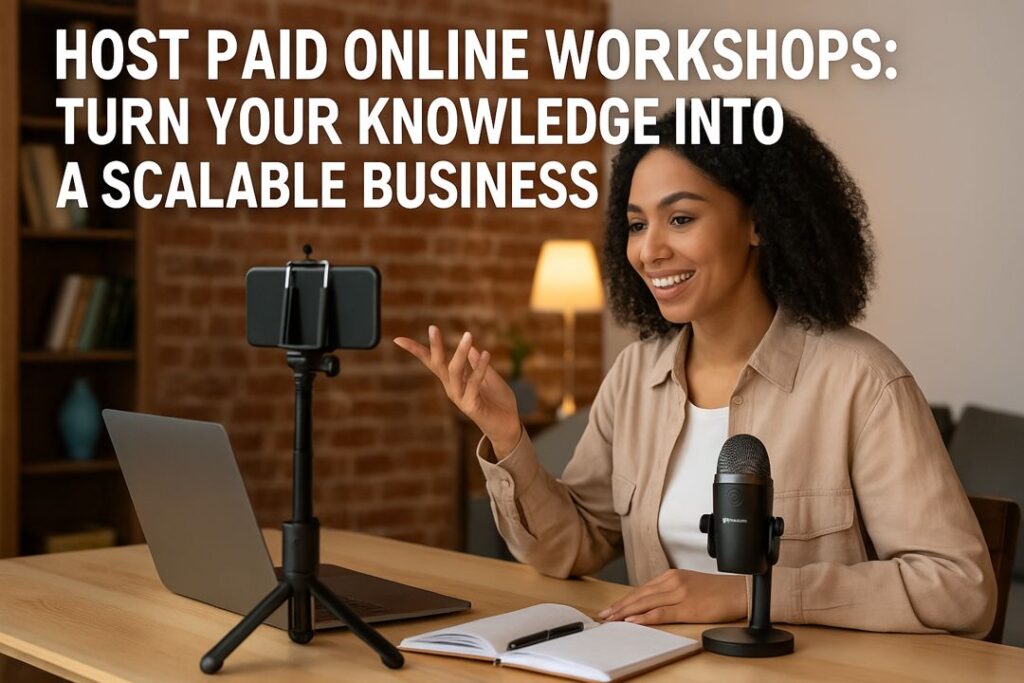 A young African American woman using a laptop and ring light to host a paid online workshop from her home office.