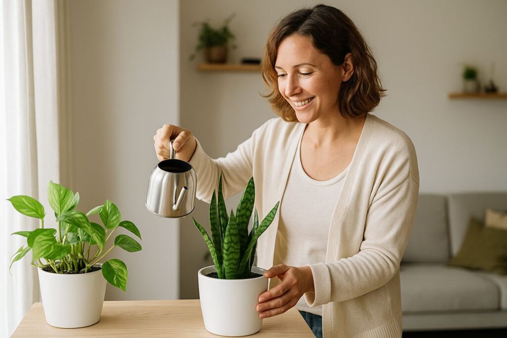 A smiling woman in her mid-30s watering potted plants in a bright living room, showing the house-care responsibilities of house-sitting.