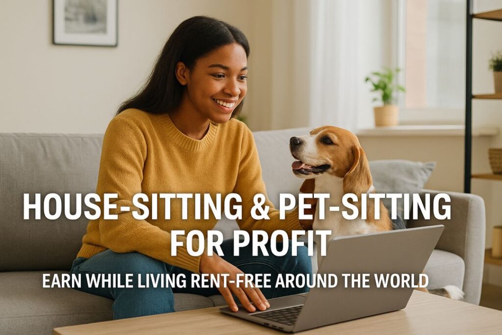 A young African American woman smiling while working on her laptop with a beagle by her side, representing house-sitting and pet-sitting for profit.