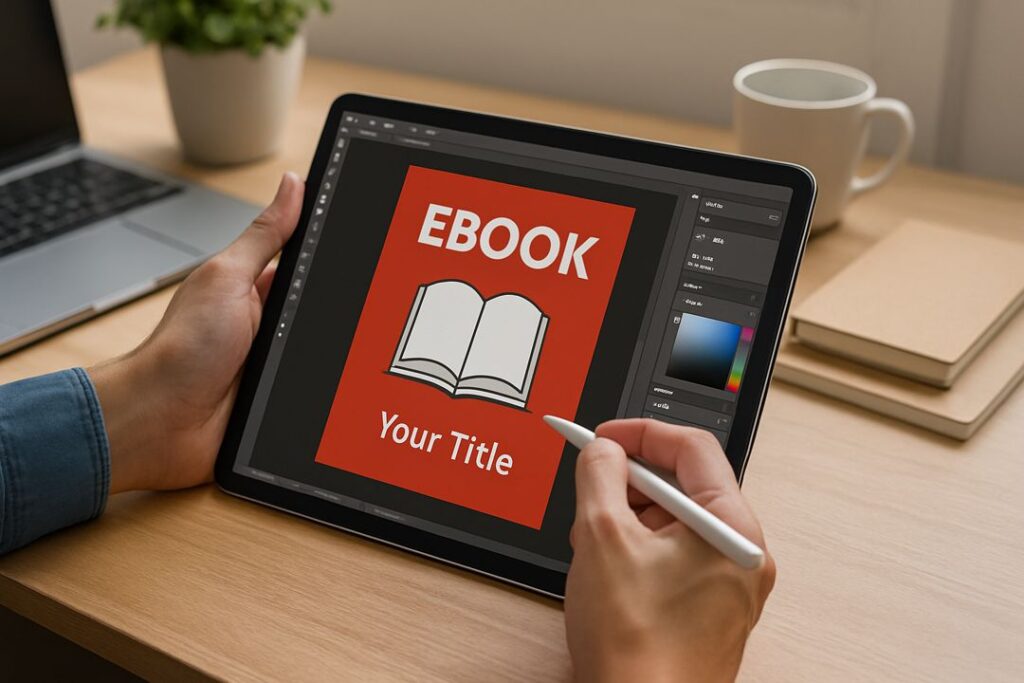 A professional using a tablet and stylus to design and format a micro-book cover in a tidy home office setting.