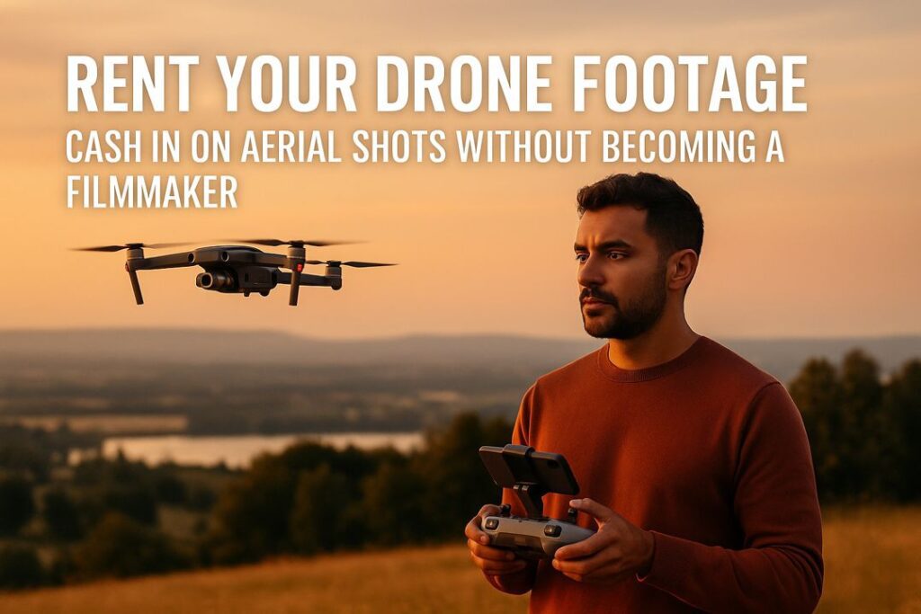 A man flying a drone at sunset with bold overlay text reading: Rent Your Drone Footage: Cash In On Aerial Shots Without Becoming a Filmmaker.