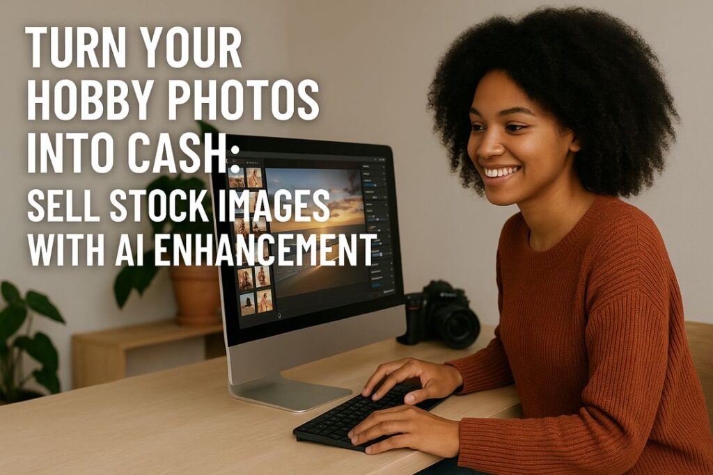 A woman editing photos on her desktop computer with bold overlay text reading: Turn Your Hobby Photos Into Cash: Sell Stock Images With AI Enhancement.