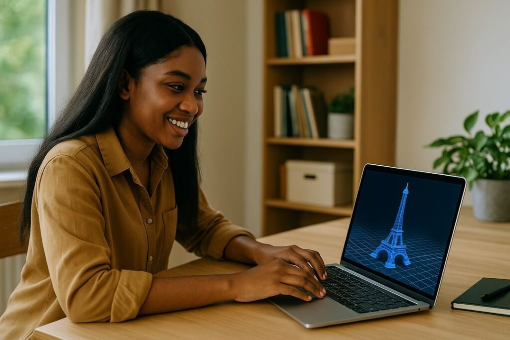 A young African American woman smiling while using her laptop to present a 3D virtual tour of the Eiffel Tower.