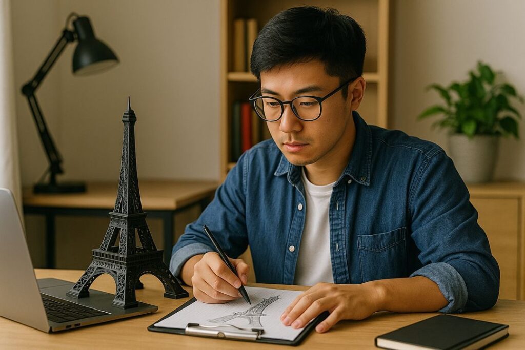 A young East Asian man sketching the Eiffel Tower model at a desk with a 3D replica beside him, preparing for an online guided tour.