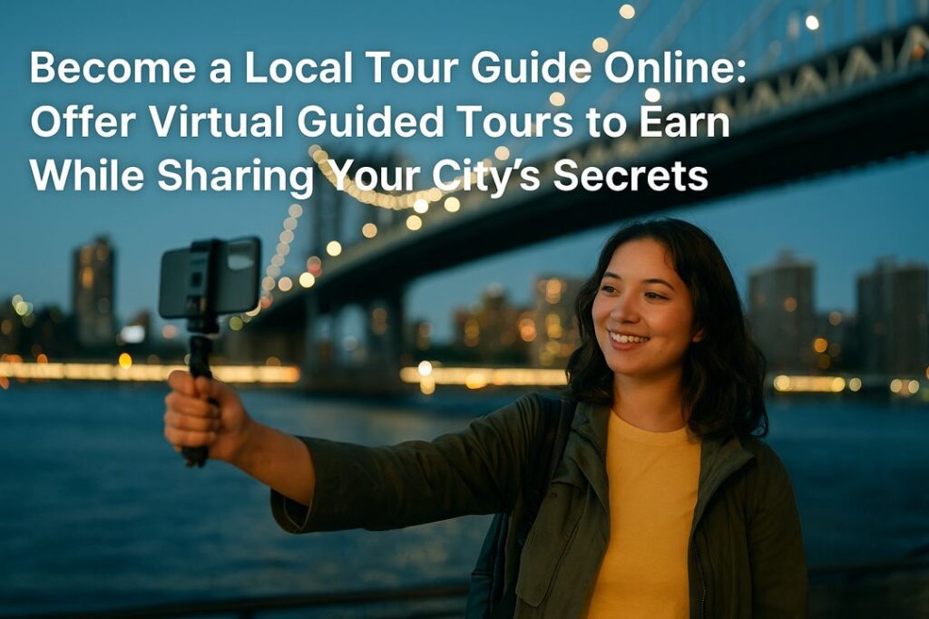 A young woman holding a smartphone on a tripod, leading a virtual guided tour in front of the Manhattan Bridge at dusk.