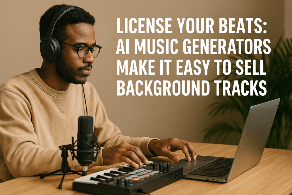 A person in a home studio wearing headphones using a laptop and MIDI keyboard with centered bold overlay text reading: License Your Beats: AI Music Generators Make It Easy to Sell Background Tracks.