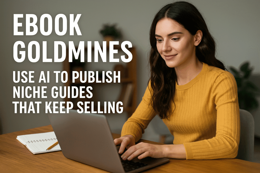 A writer sitting at a desk with a laptop open showing an ebook cover design, with bold centered overlay text: Ebook Goldmines: Use AI to Publish Niche Guides That Keep Selling.