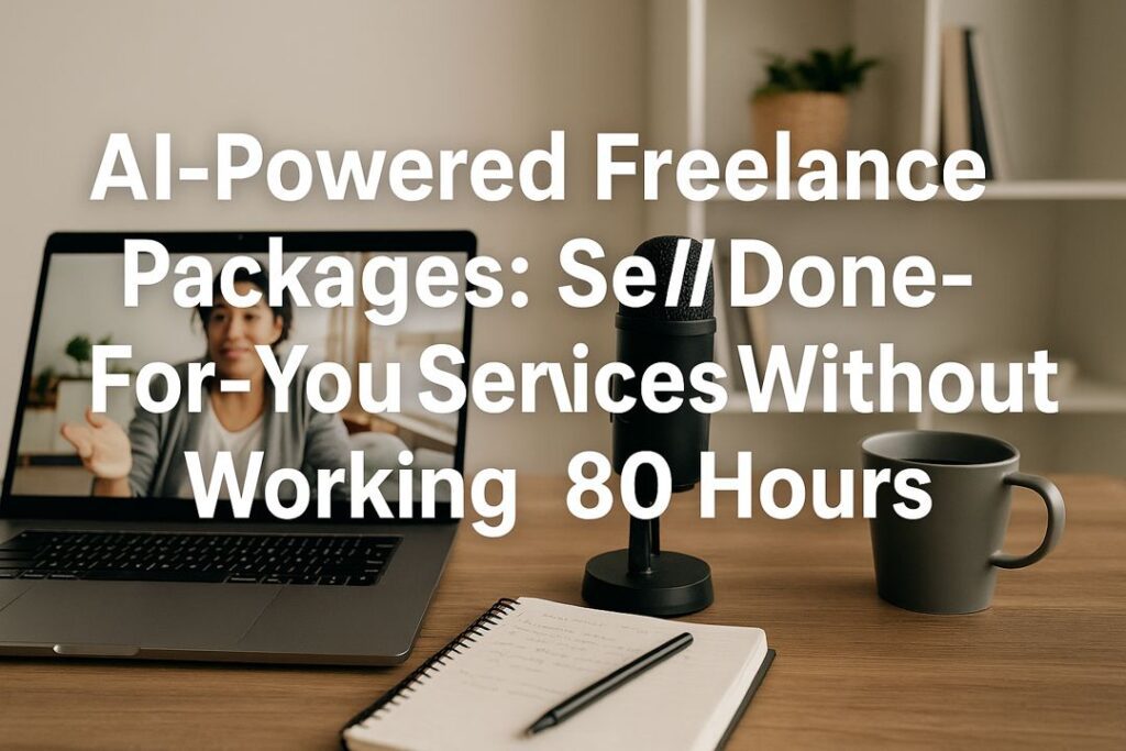 A freelancer working at a desk with a laptop open showing project dashboards and AI tools, with bold centered overlay text: AI-Powered Freelance Packages: Sell Done-For-You Services Without Working 80 Hours.