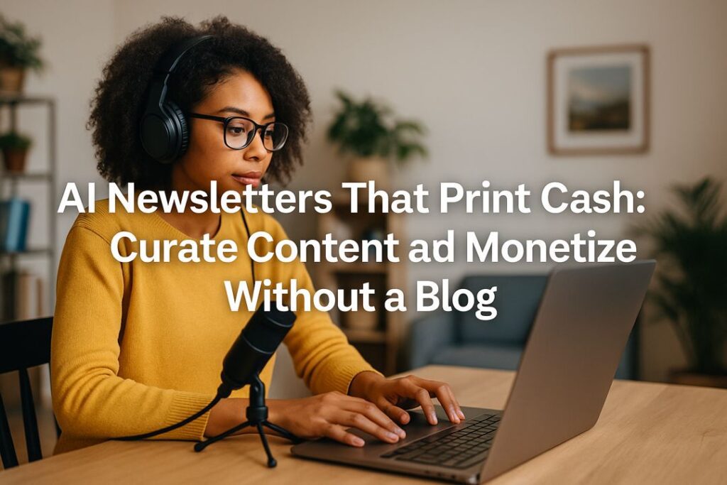 A person sitting at a laptop in a home office drafting an AI-powered newsletter with bold centered overlay text: AI Newsletters That Print Cash: Curate Content and Monetize Without a Blog.