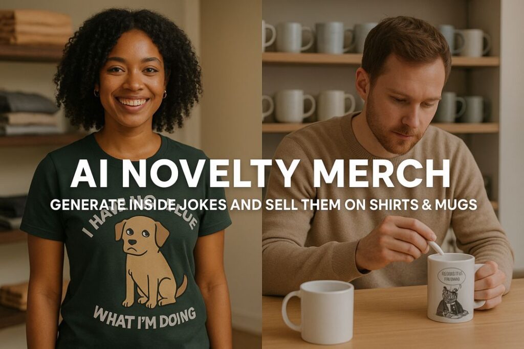 Split featured image: on the left, a smiling Black woman wearing a green T-shirt with a cartoon dog graphic; on the right, a Caucasian man stirring a drink while looking at a white mug with an illustration. Large white headline across the center reads “AI NOVELTY MERCH – Generate Inside Jokes and Sell Them on Shirts & Mugs.”