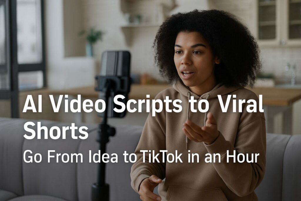 A content creator sitting at a desk with a smartphone tripod recording, a laptop open with a script on screen, and bold centered overlay text: AI Video Scripts to Viral Shorts: Go From Idea to TikTok in an Hour.