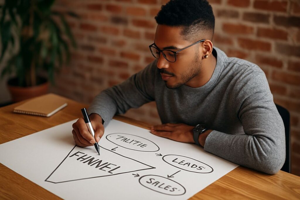 An African-American man in a business-casual outfit stands by a whiteboard with a funnel diagram sketched out, smiling while holding a marker.