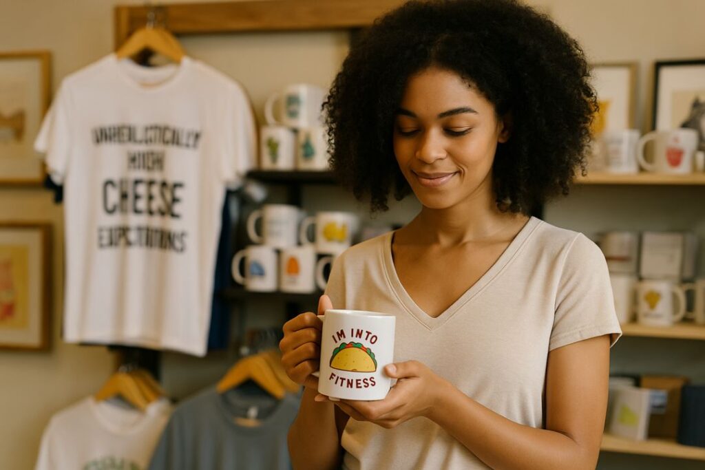 A young woman with curly hair smiling in a casual living-room setting while holding a white mug with a humorous design; no text overlay.