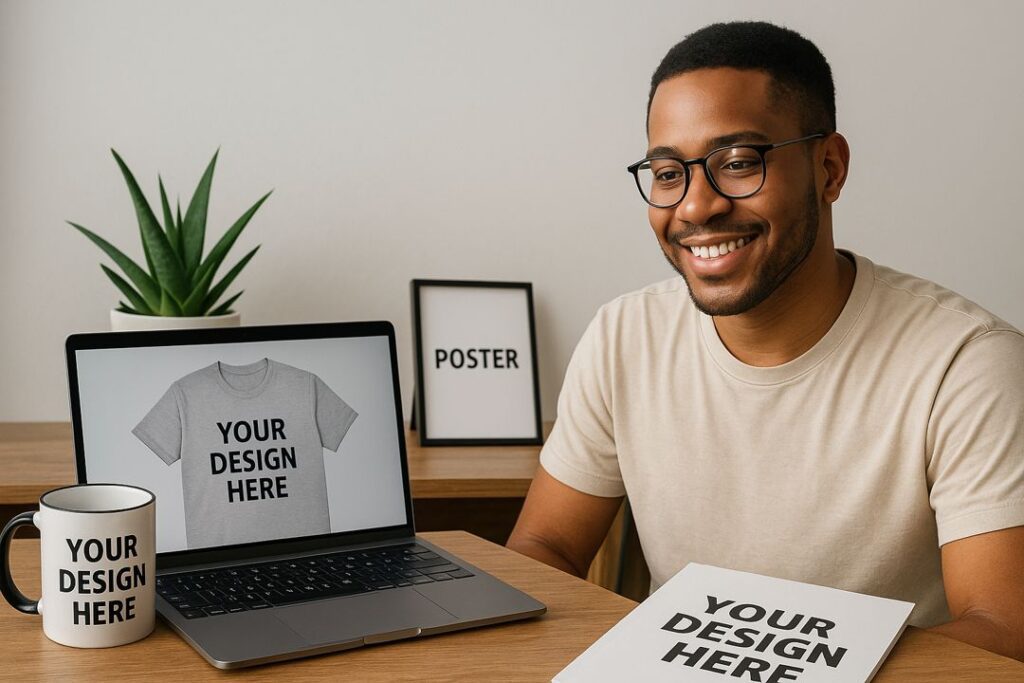 A young African American man with glasses smiling while working on a laptop showing T-shirt and mug mockups.