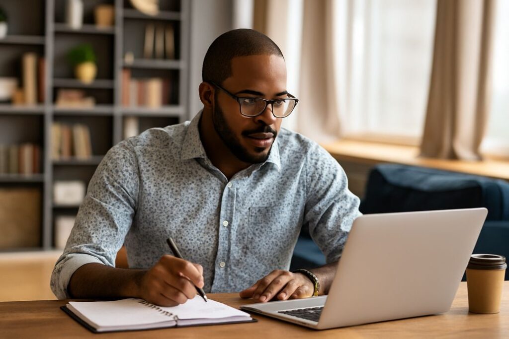 A young African-American man stands near a whiteboard explaining a concept while recording a short training video for his micro-course.