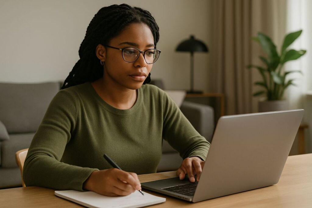 A young African American woman sitting at a laptop in a bright home office, smiling as she reviews project deliverables for a freelance client.