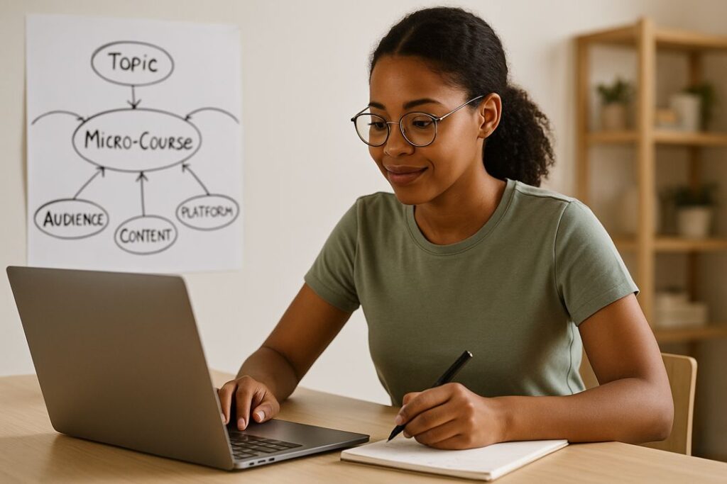 A young African-American woman sits with a laptop and notebook, focused on outlining lessons for her first online micro-course.
