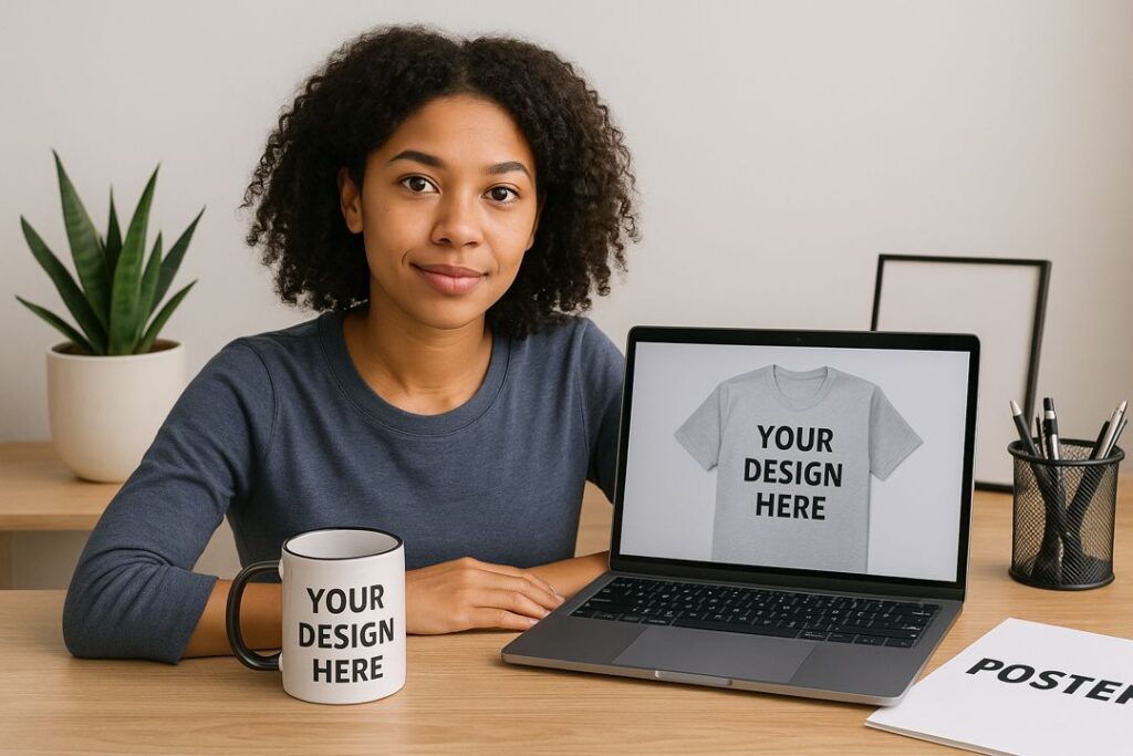 A young African American woman sitting at a desk with a laptop, reviewing AI-generated T-shirt and mug mockups.
