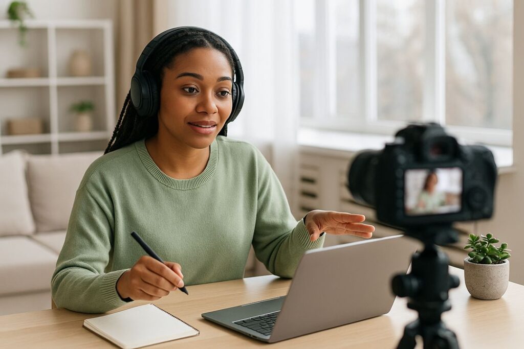 A young African American woman with headphones recording an online microcourse on her laptop with a microphone in a modern workspace.