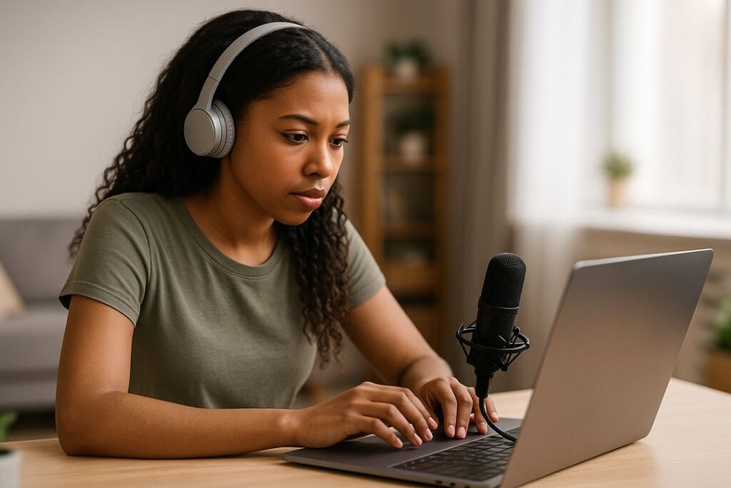 A young African American woman in her 20s using her laptop and microphone to draft an online newsletter at home.