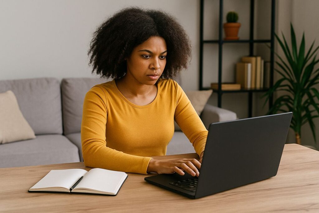 A young African American woman smiling while looking at her laptop screen in a co-working space, checking Micro SaaS subscription analytics.