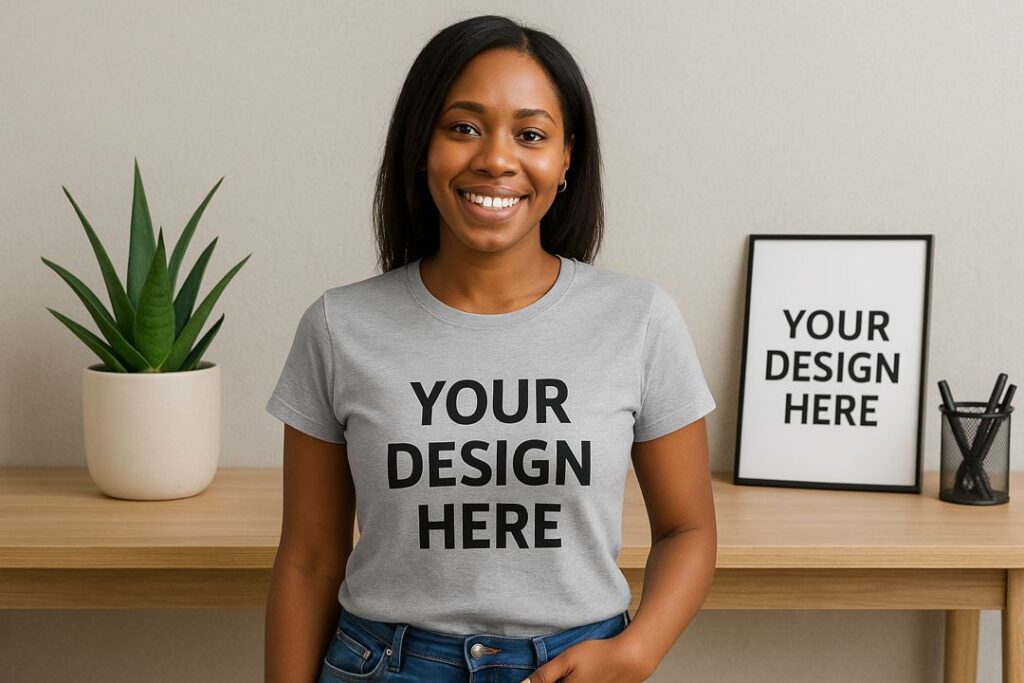A young African American woman standing and smiling, modeling a T-shirt with AI-generated mockup text, with a framed poster in the background.