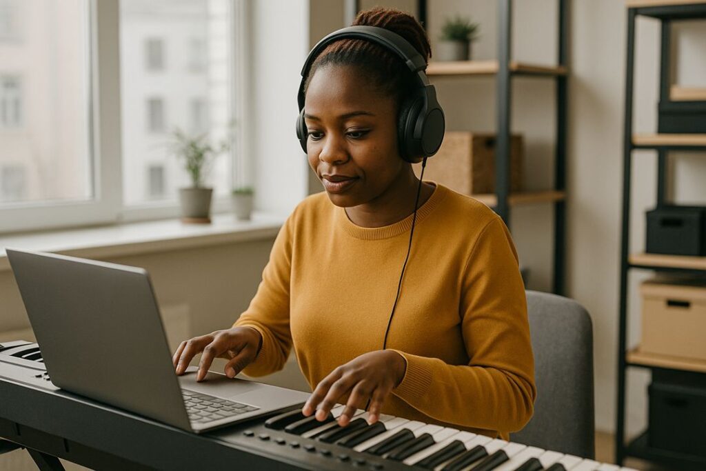 A young African woman with dreadlocks wearing headphones while playing a digital piano connected to her laptop in a bright modern home studio.