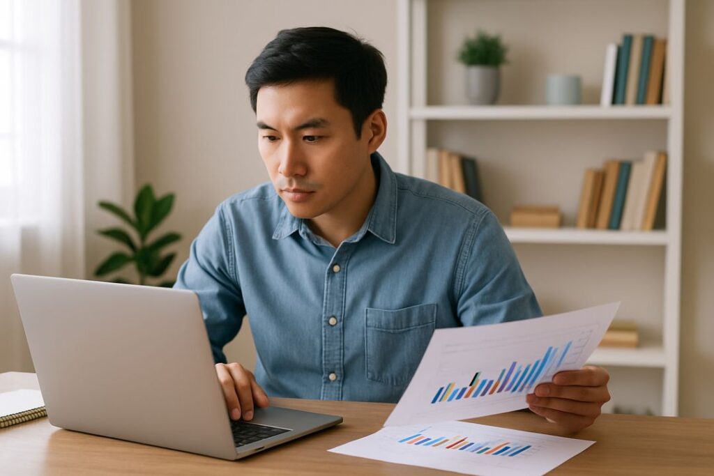 A young East Asian man in a light denim shirt studies a printed graph while working on his laptop at a clean wooden desk, with shelves and soft daylight in the background.