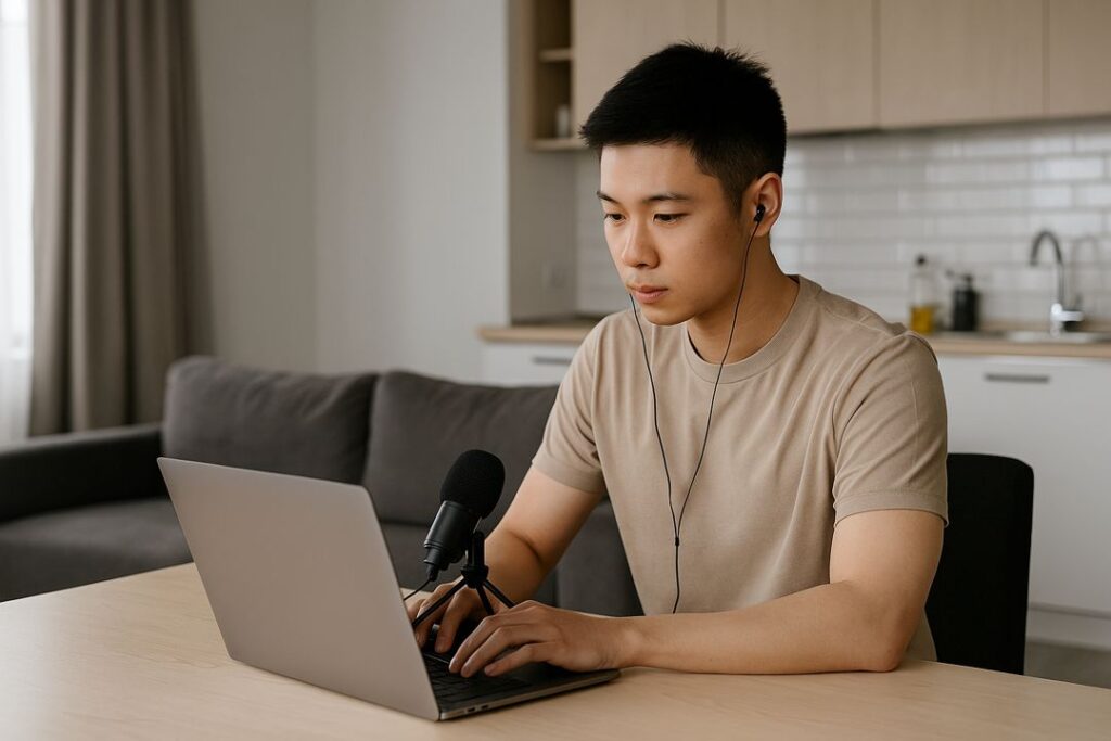 A young Asian man in his 20s using a laptop and microphone in his apartment to record a short online microcourse.