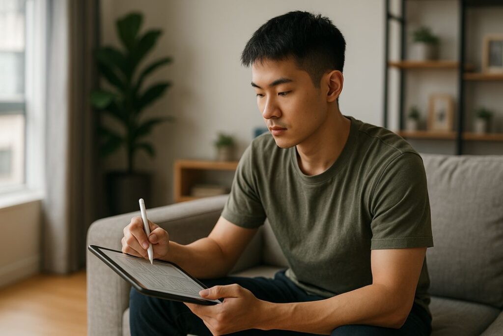 A young Asian man in his 20s using a tablet and stylus in his apartment to create printable journal designs.