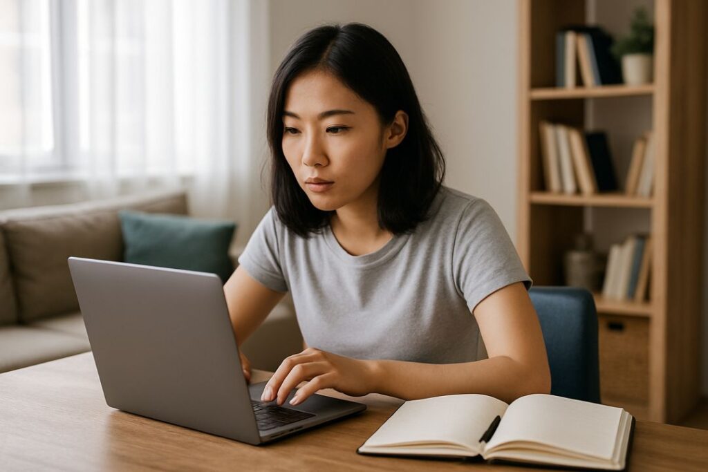A young East Asian woman sits at a wooden table in a sunlit living room, typing on her laptop with an open notebook beside her.