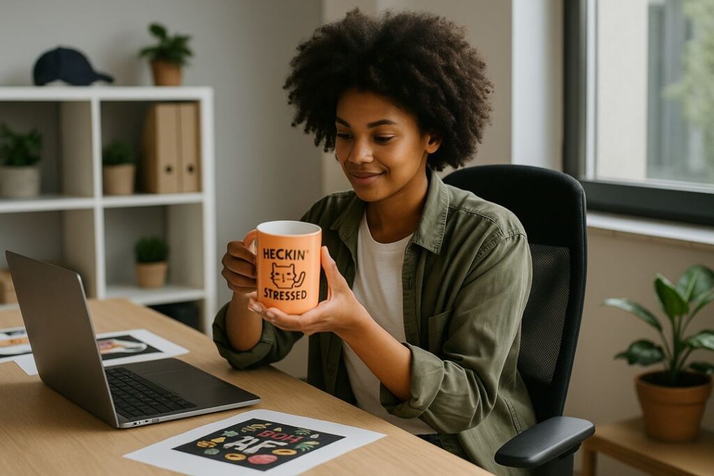 A young African American woman smiling in a bright room, looking at novelty merch concepts for shirts and mugs.