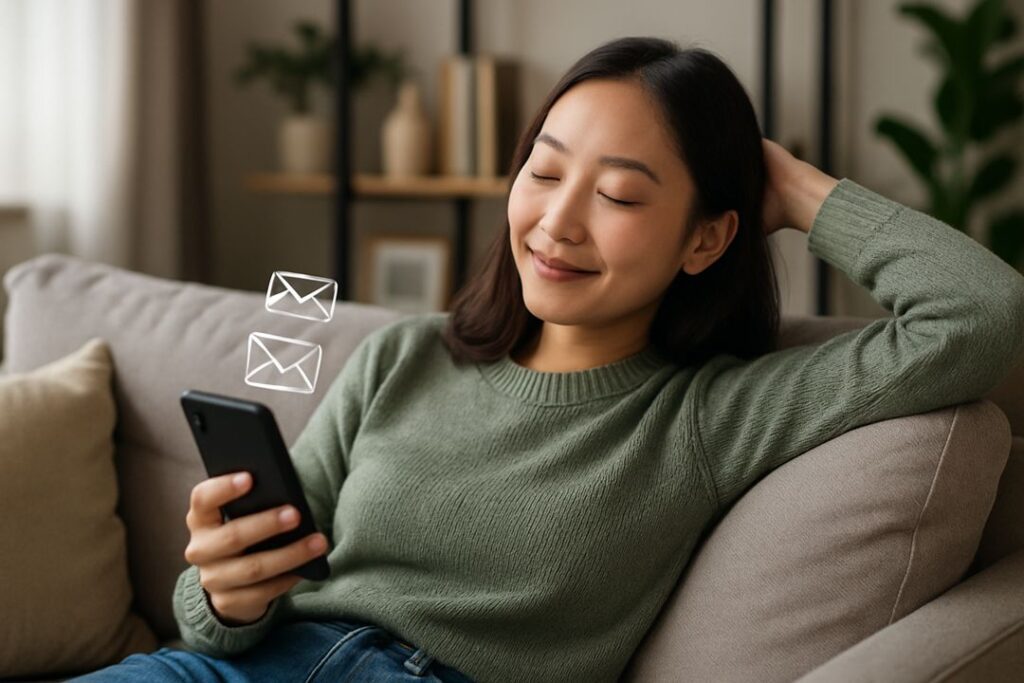 A young East Asian woman lounges on a couch with a tablet, smiling as she receives notification alerts of new subscribers and sales.