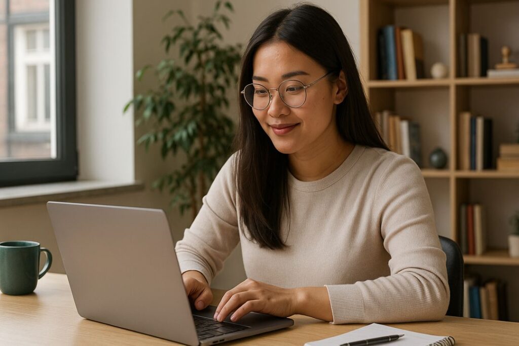 A young Asian woman working on her laptop at a table, focused on brainstorming new Micro SaaS product features