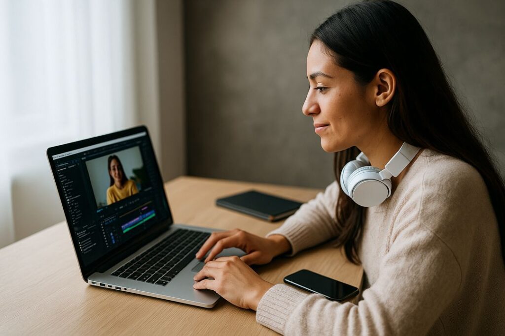 A young Asian woman sitting at a table with a laptop, wearing headphones, editing short-form videos for TikTok or YouTube Shorts.
